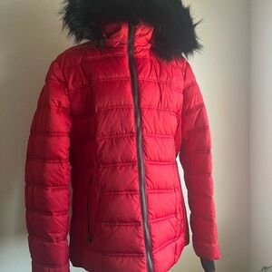 Nautica Vibrant Red Puffer Jacket with Black Faux Fur Hood